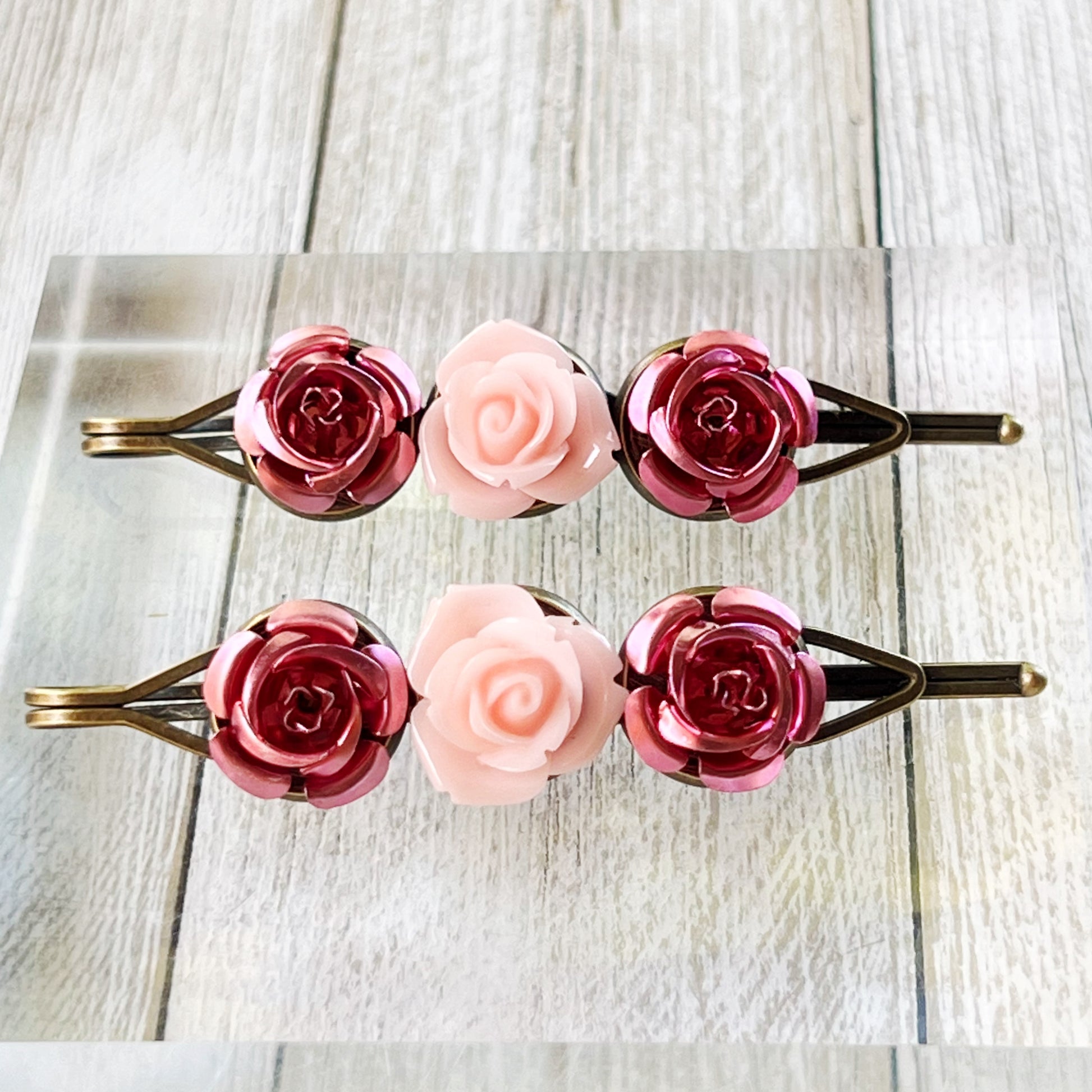 Blush & Rose Metallic Hair Pins – Pink Flower Hair Clip Set with Vintage Charm