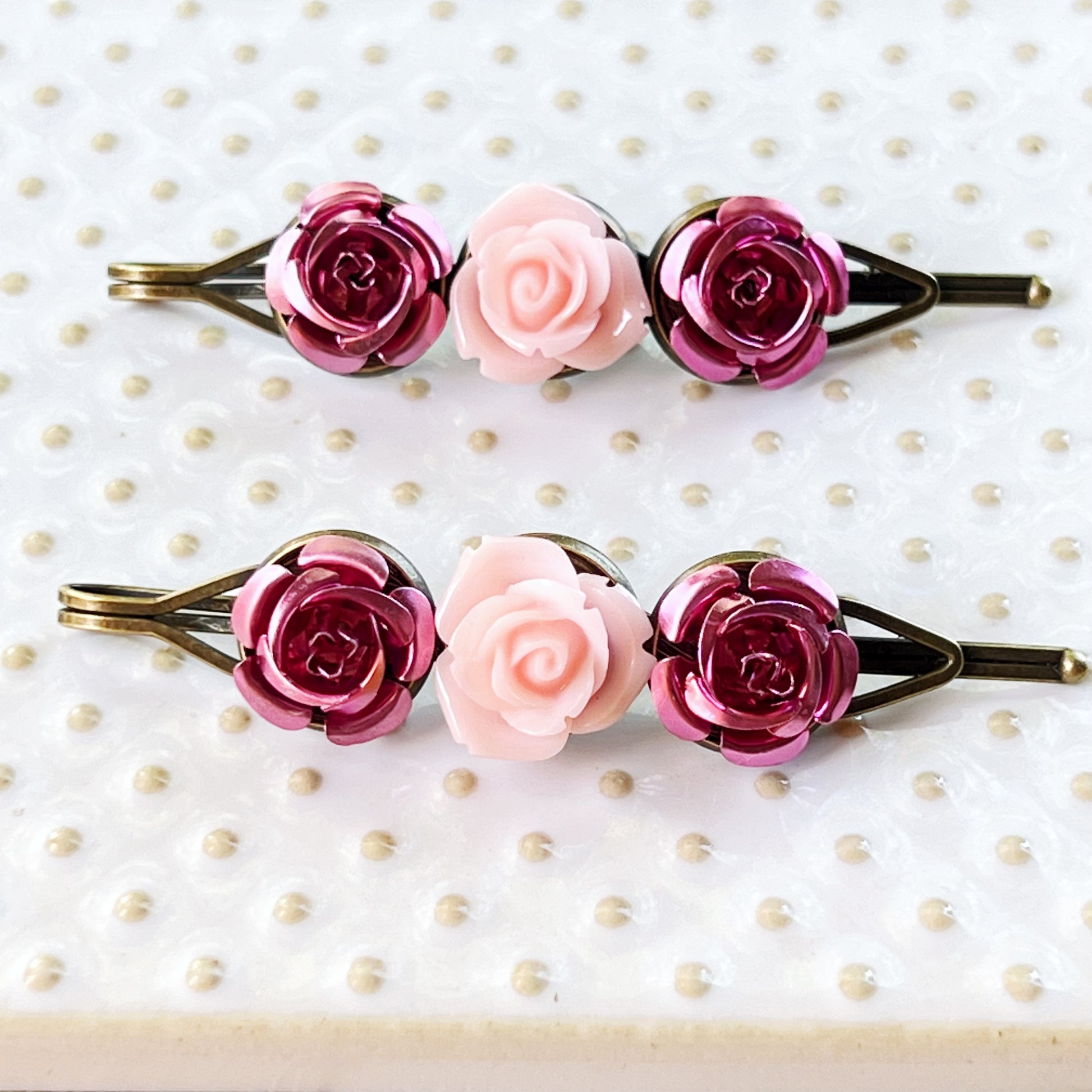 Blush & Rose Metallic Hair Pins – Pink Flower Hair Clip Set with Vintage Charm