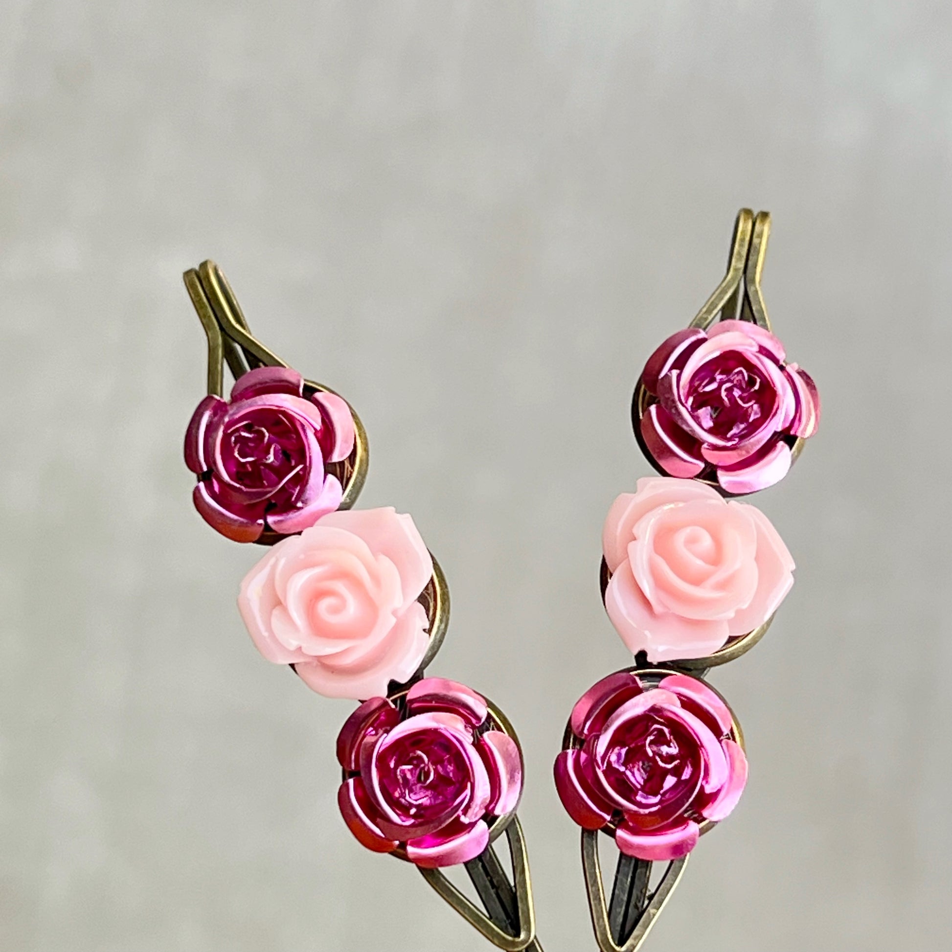 Blush & Rose Metallic Hair Pins – Pink Flower Hair Clip Set with Vintage Charm