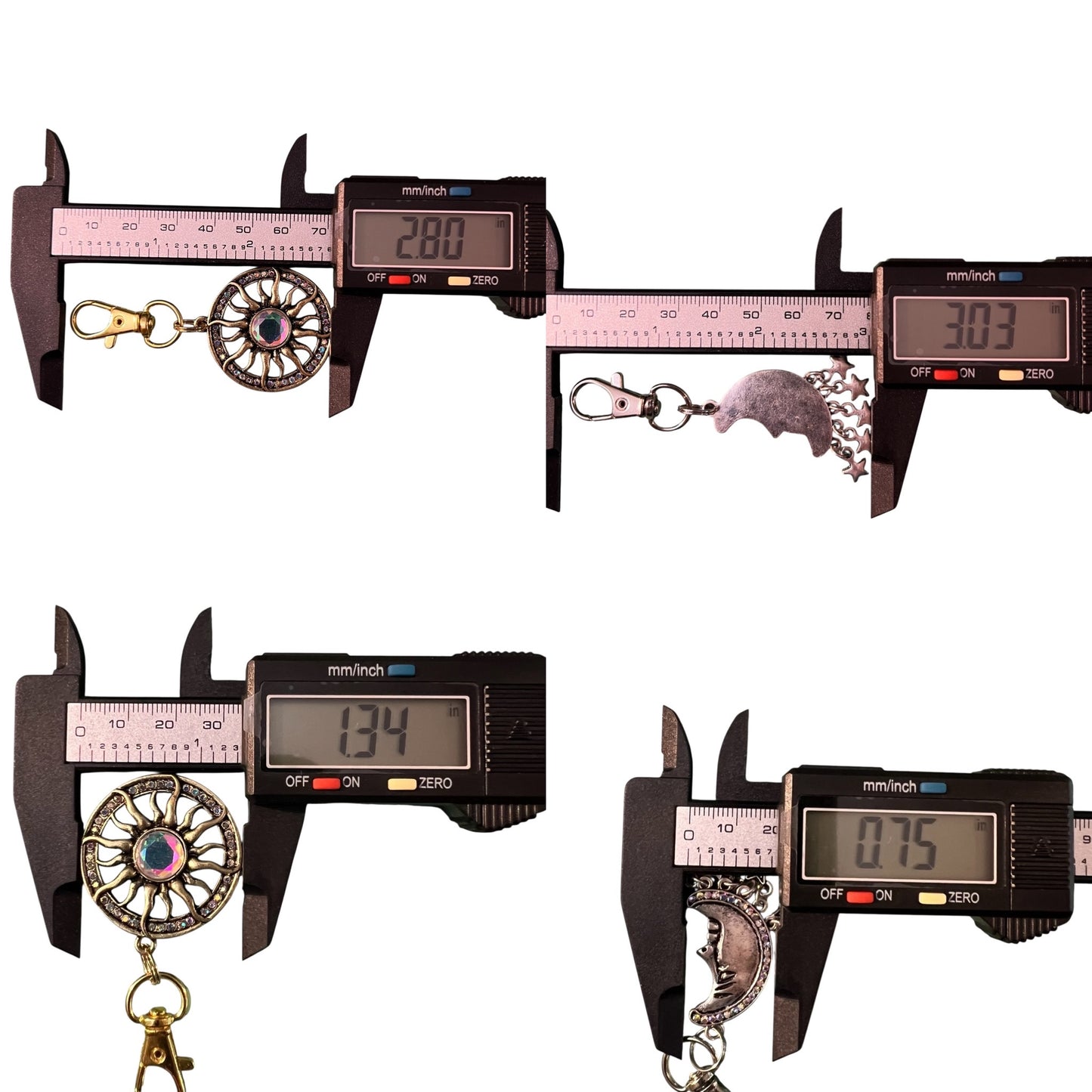 Digital calipers measuring keychains with displayed measurements on a white background
