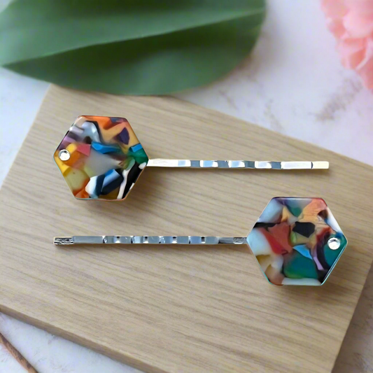 Multi Color Geometric Acrylic Hair Pins - Set of 2 Retro Bobby Pins