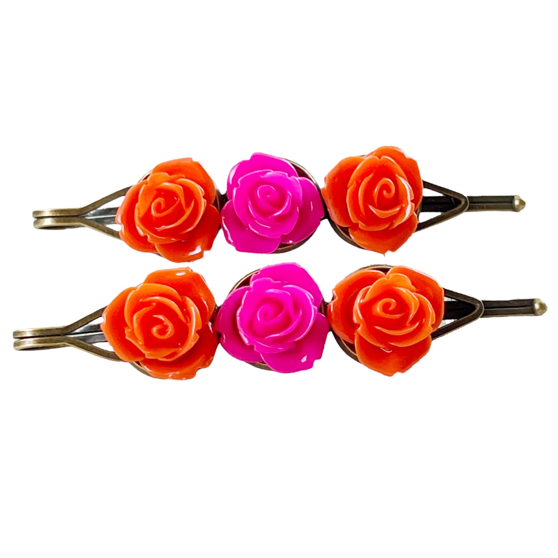 Orange & Hot Pink Rose Hair Pins – Bright Floral Hair Accessories Set