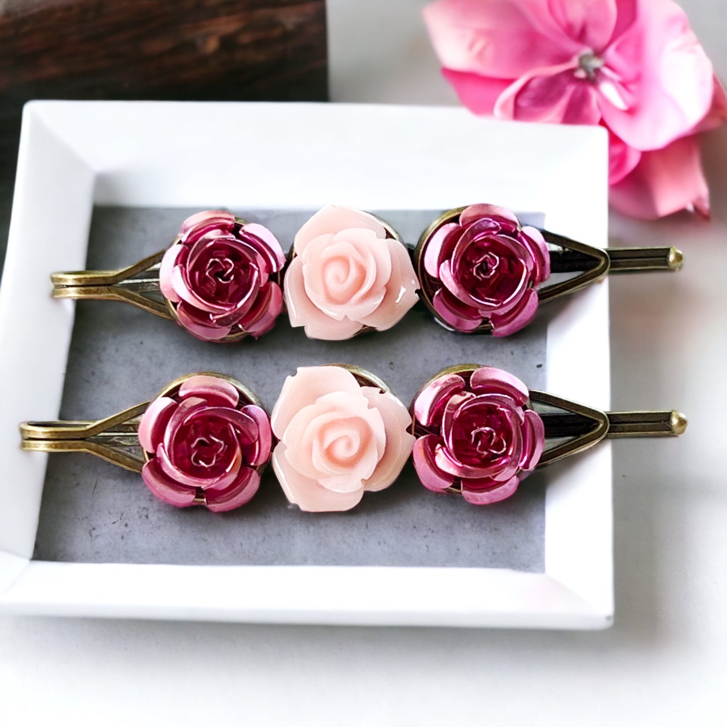Blush & Rose Metallic Hair Pins – Pink Flower Hair Clip Set with Vintage Charm