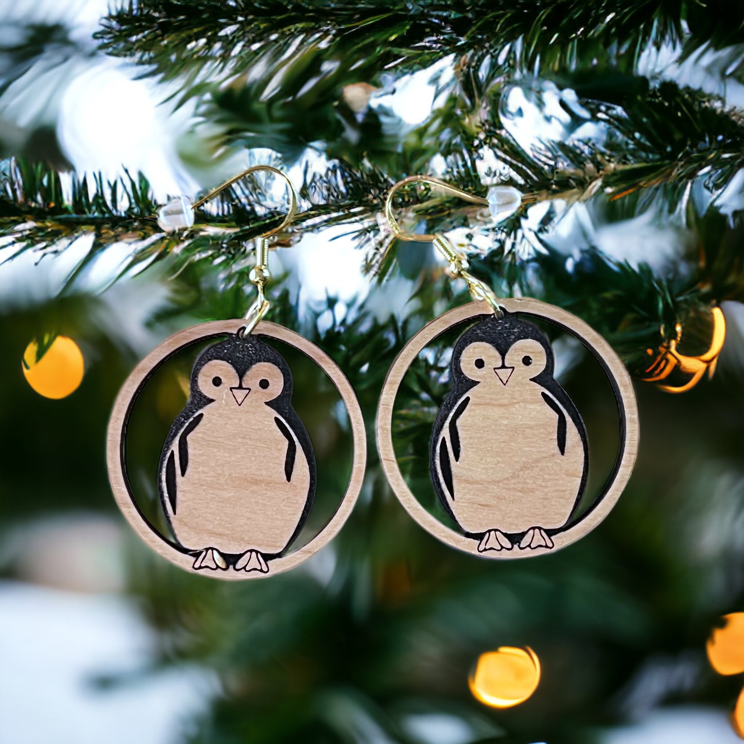 Penguin Circle Drop Earrings – Cute Wooden Winter Animal Jewelry