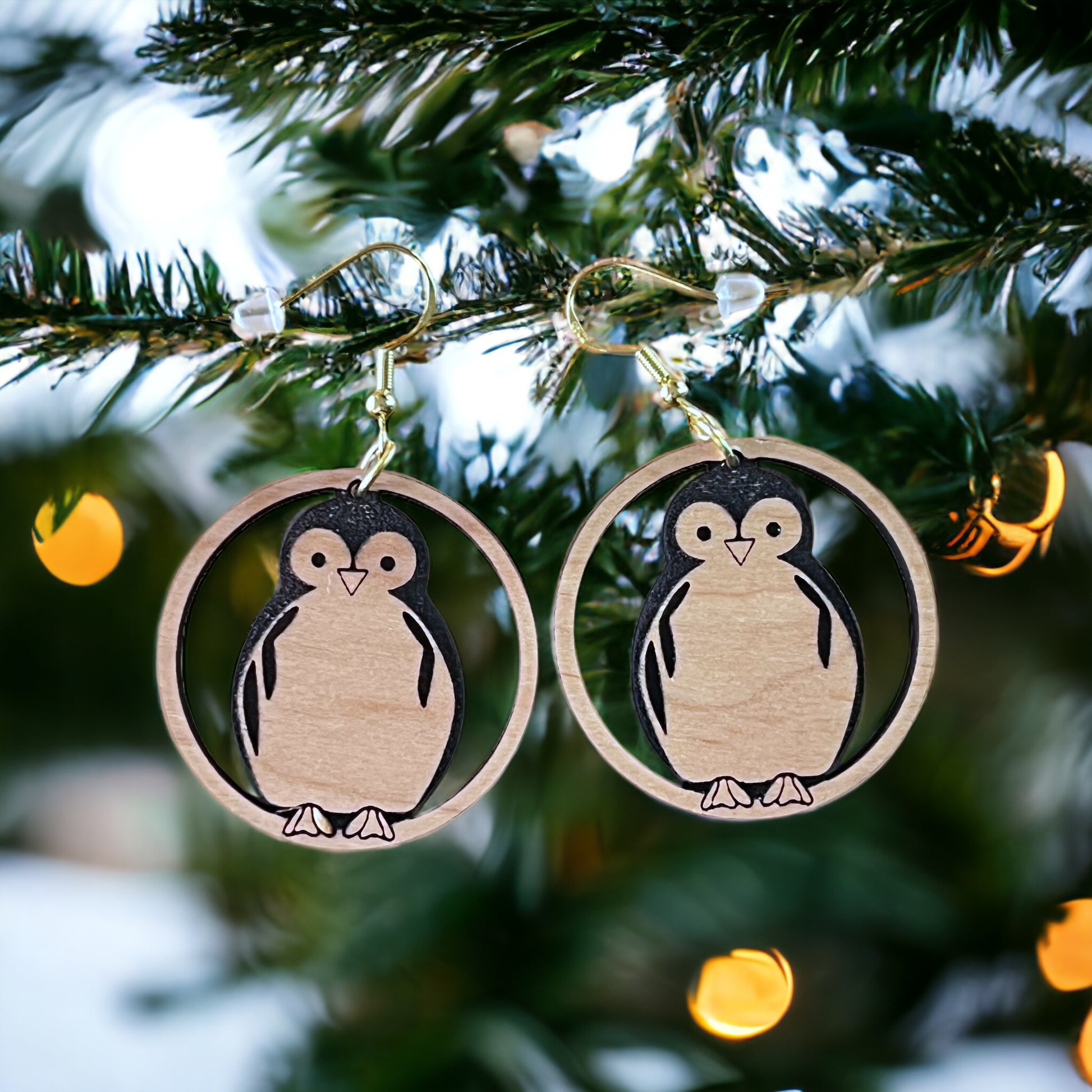 Penguin Circle Drop Earrings – Cute Wooden Winter Animal Jewelry
