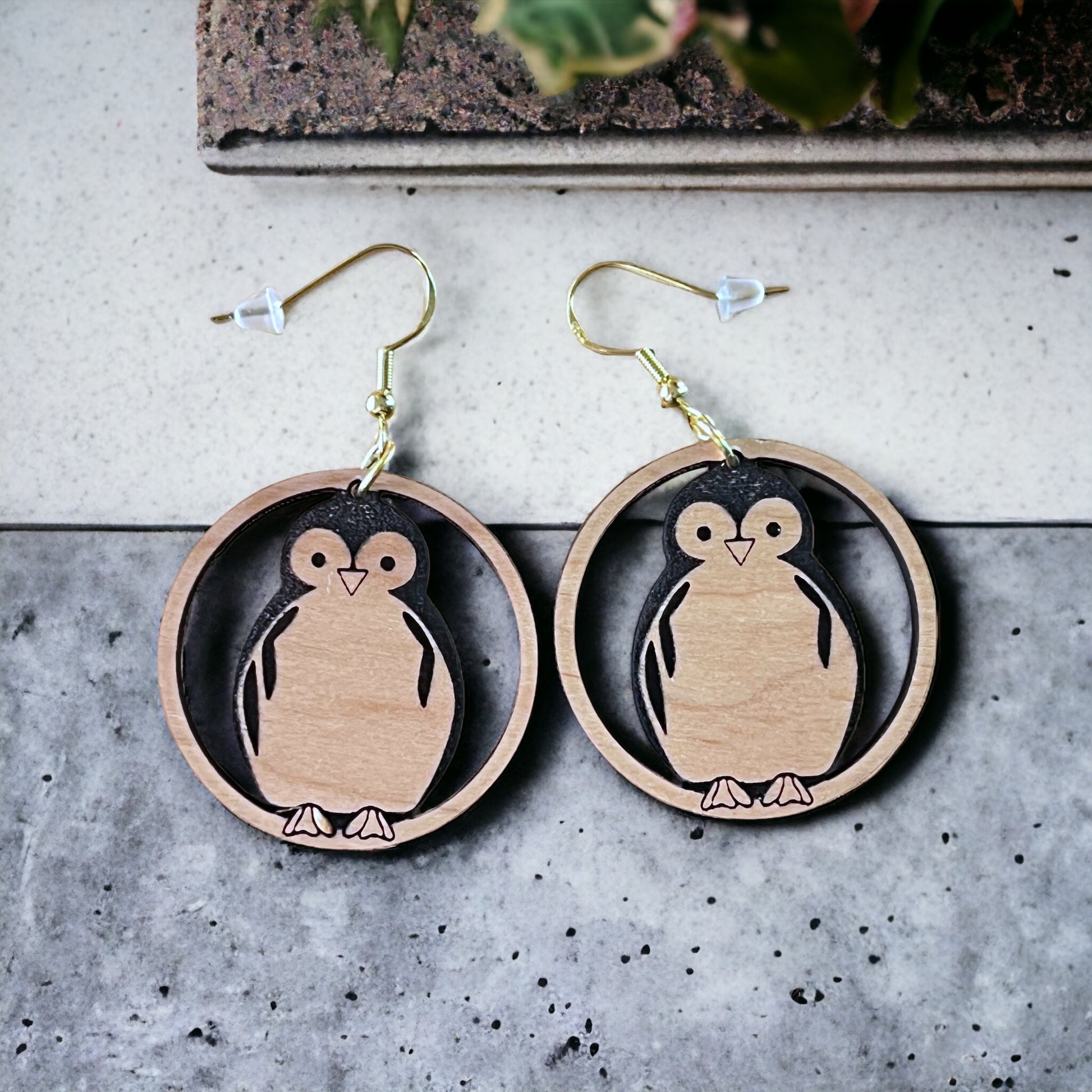 Penguin Circle Drop Earrings – Cute Wooden Winter Animal Jewelry