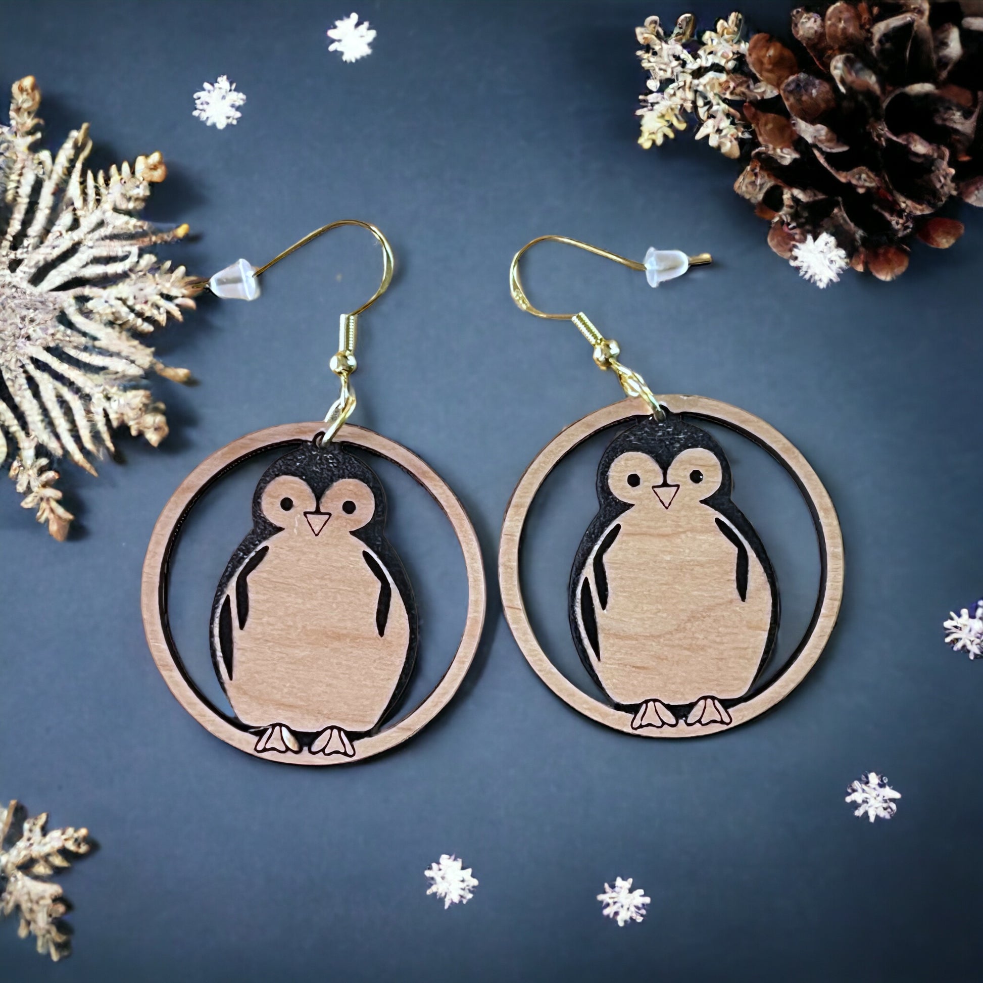 Penguin Circle Drop Earrings – Cute Wooden Winter Animal Jewelry