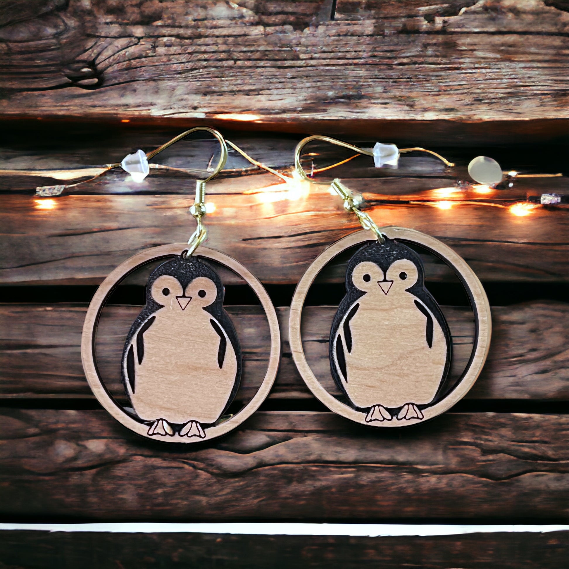 Penguin Circle Drop Earrings – Cute Wooden Winter Animal Jewelry