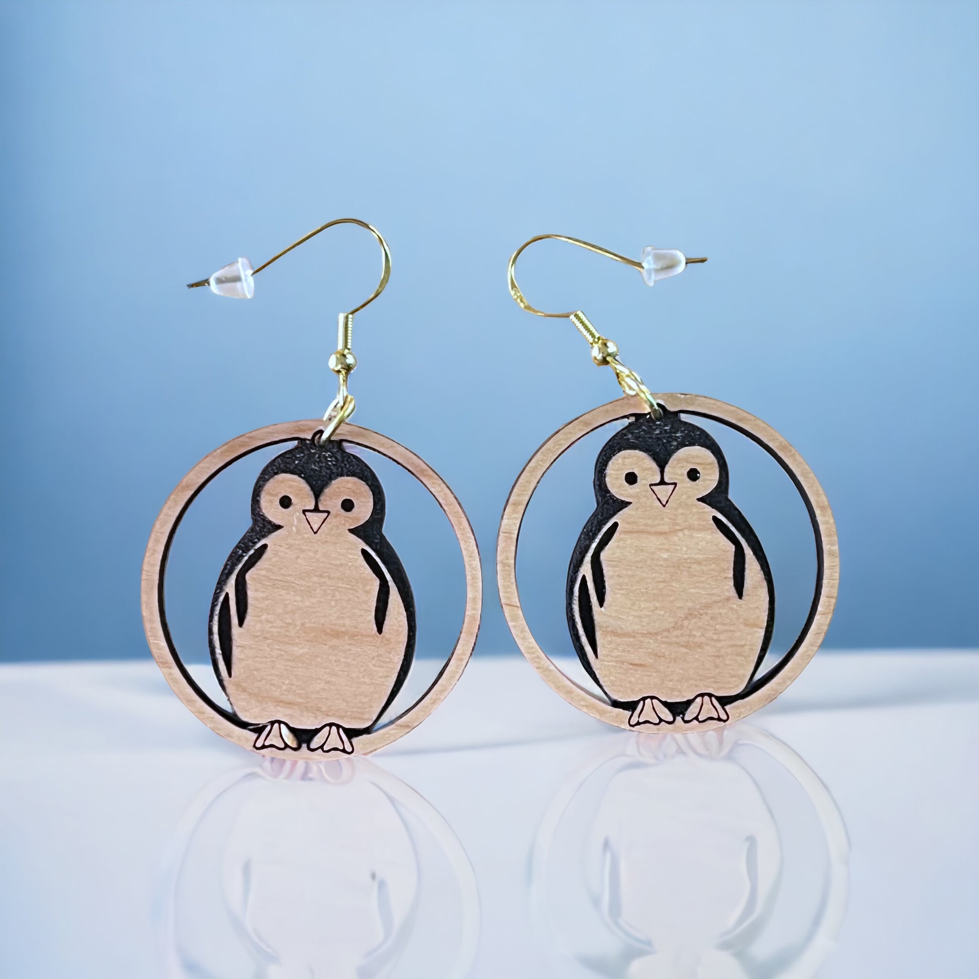 Penguin Circle Drop Earrings – Cute Wooden Winter Animal Jewelry