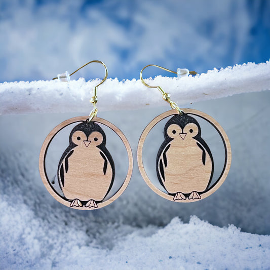 Penguin Circle Drop Earrings – Cute Wooden Winter Animal Jewelry