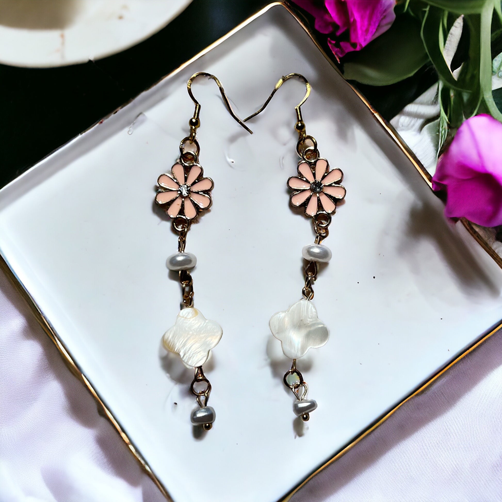 Pink Flower Dangle Earrings – Romantic Floral Drop Jewelry Be Grace Be Love Boutique