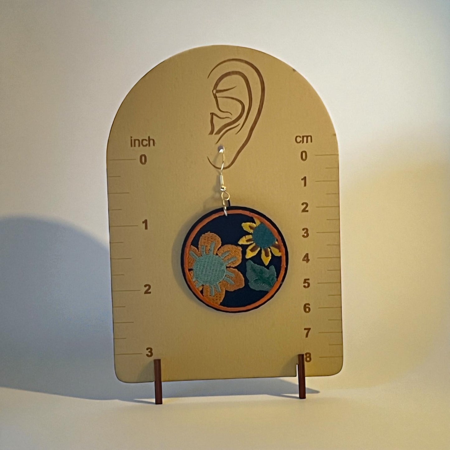 Boho Embroidered Floral Earrings – Teal & Mustard Sunflower Dangles