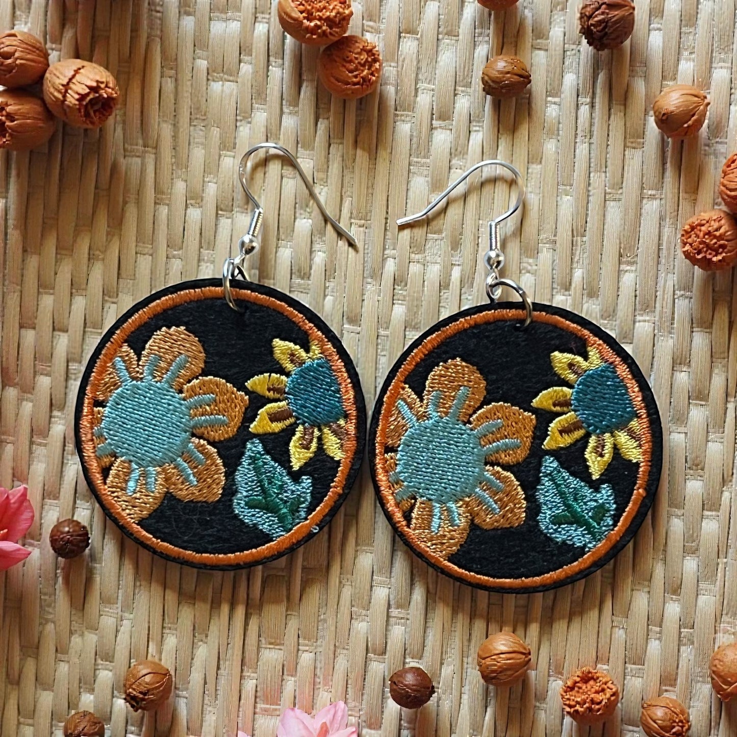 Boho Embroidered Floral Earrings – Teal & Mustard Sunflower Dangles
