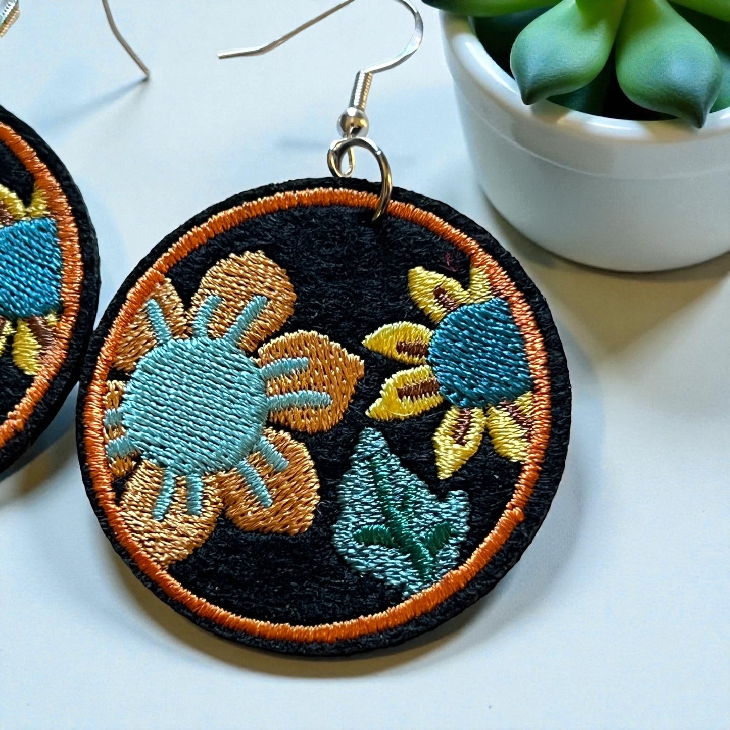 Boho Embroidered Floral Earrings – Teal & Mustard Sunflower Dangles