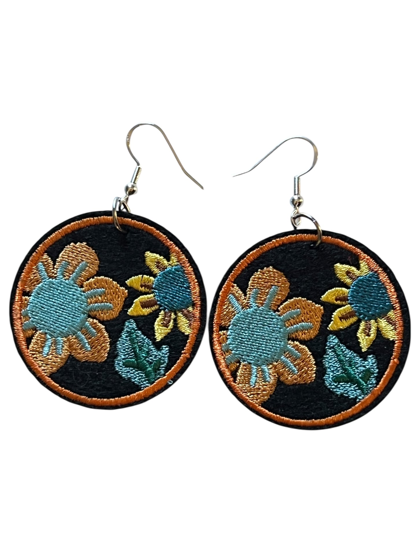 Boho Embroidered Floral Earrings – Teal & Mustard Sunflower Dangles