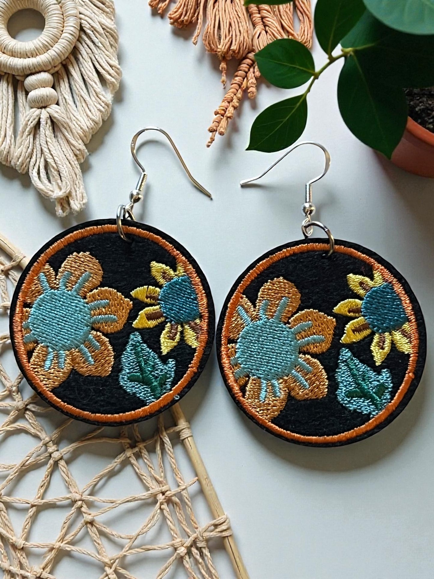Boho Embroidered Floral Earrings – Teal & Mustard Sunflower Dangles