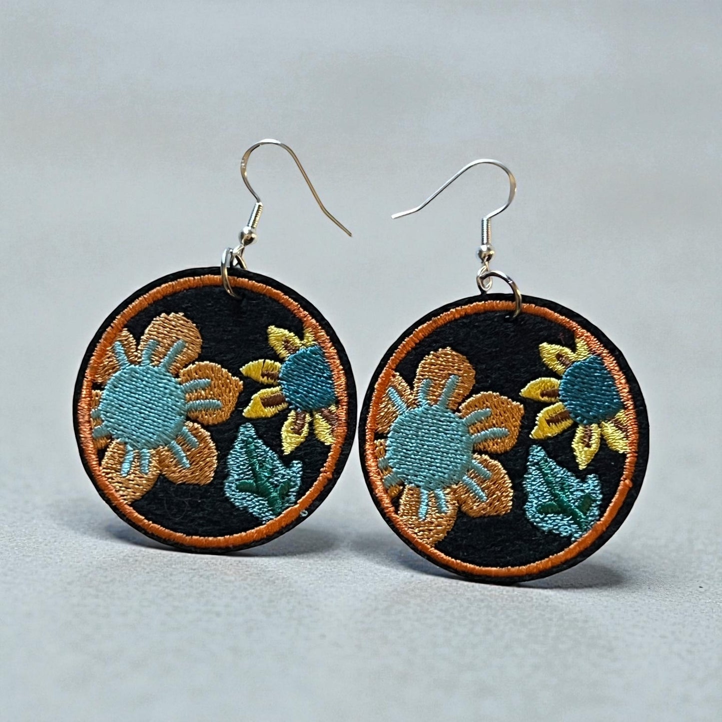 Boho Embroidered Floral Earrings – Teal & Mustard Sunflower Dangles