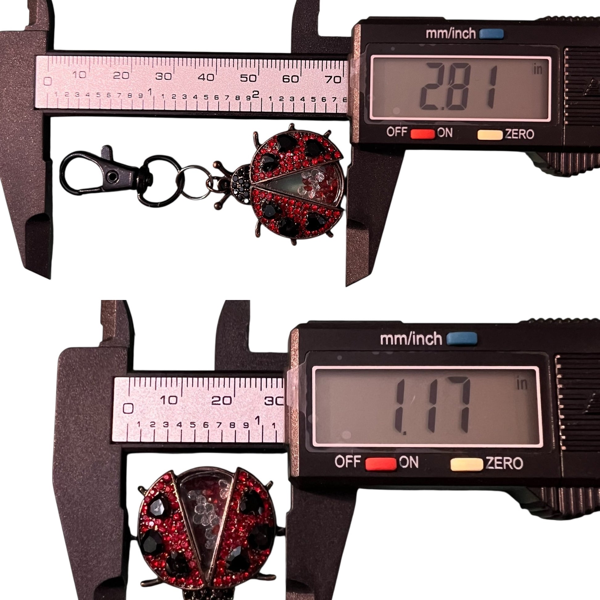 Digital caliper measuring a red and black ladybug keychain against a white background