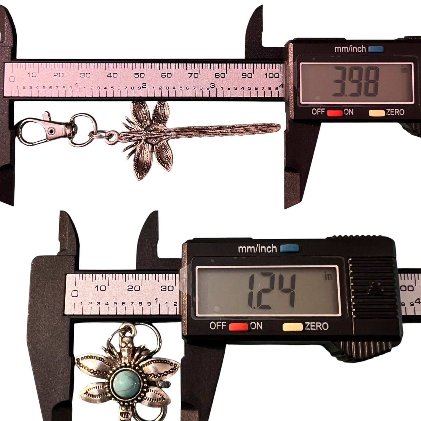 Digital caliper measuring dragonfly keychain with a white background