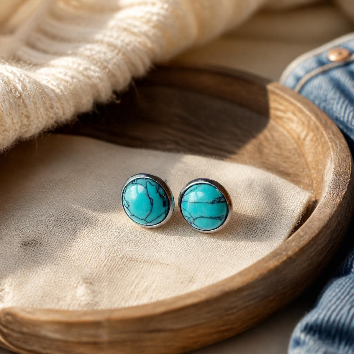 One pair of small silver-tone 10 mm faux-turquoise stud earrings styled on warm cream linen inside a rustic wood tray