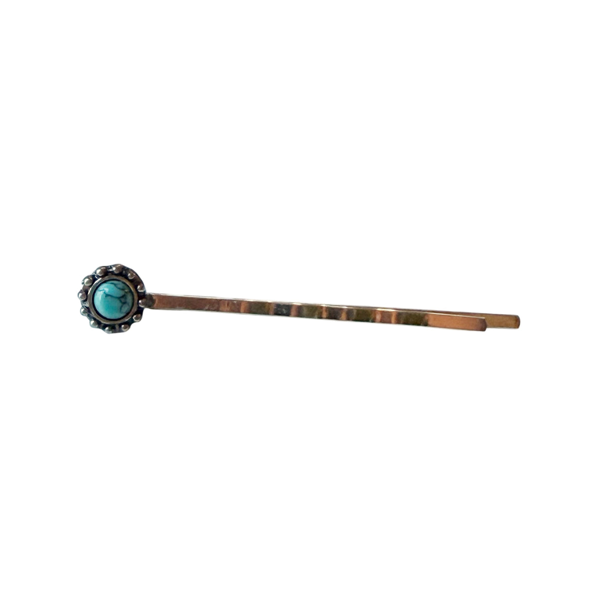 Exactly one genuine silver-tone faux-turquoise western hair pin on white, isolated from original F31 product photograph