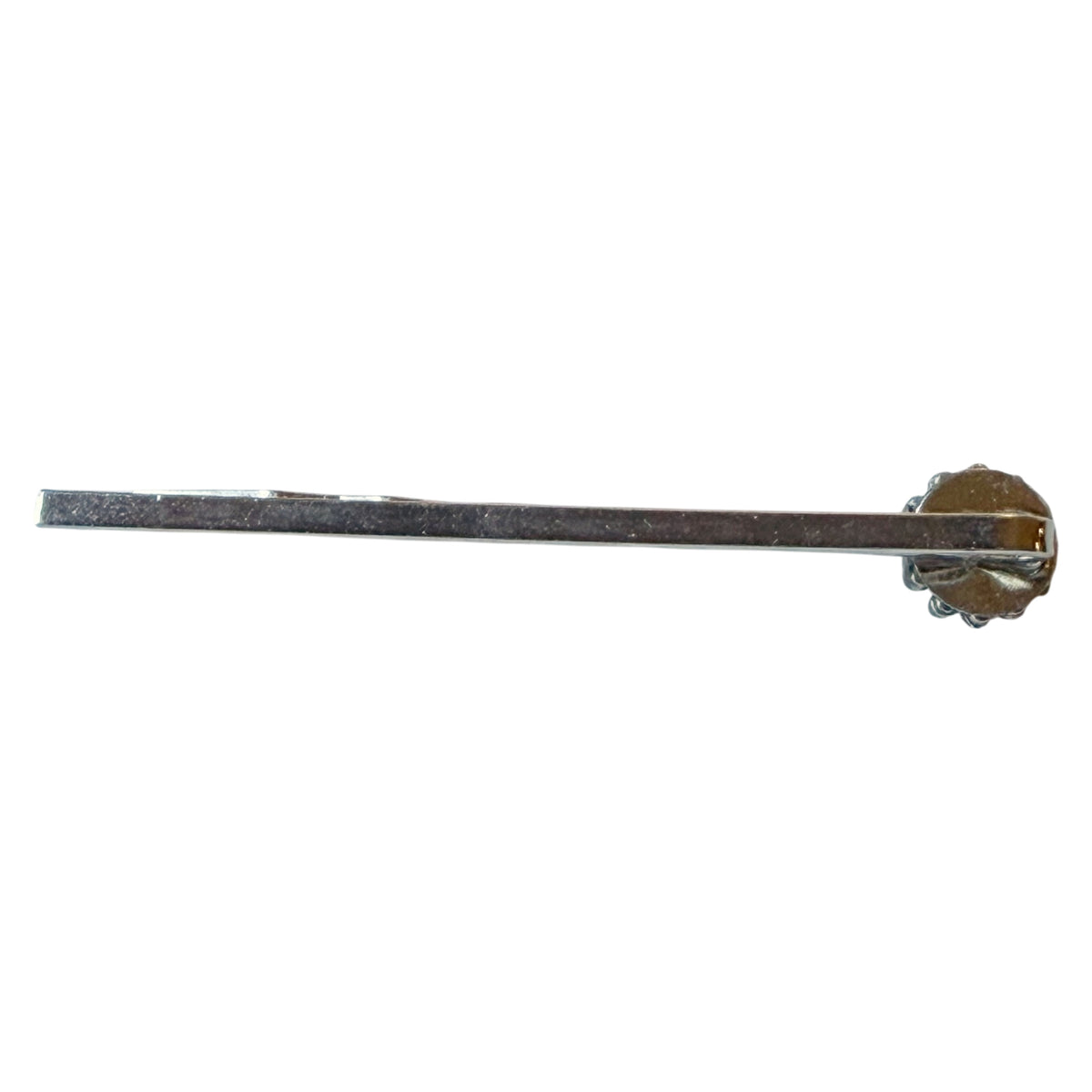 Genuine back view of the one silver-tone faux-turquoise hair pin in F31-1 showing the metal shaft and attached decorative setting