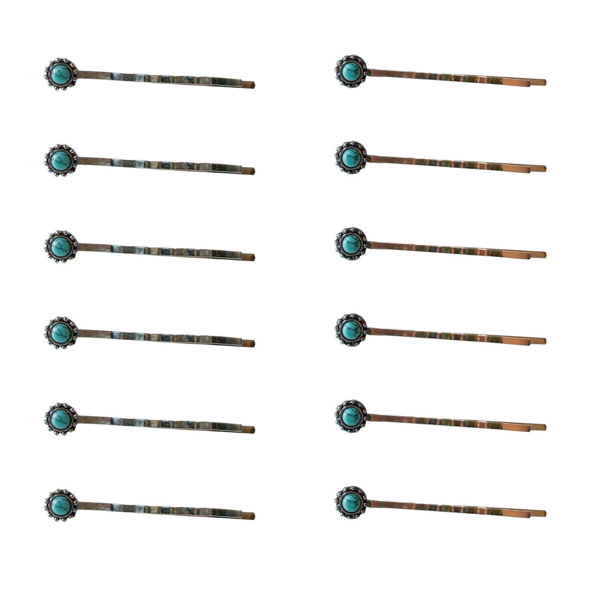 Complete F31-12 twelve-pin silver-tone faux-turquoise bobby pin set shown on white; exactly twelve pins, composited from genuine product photographs