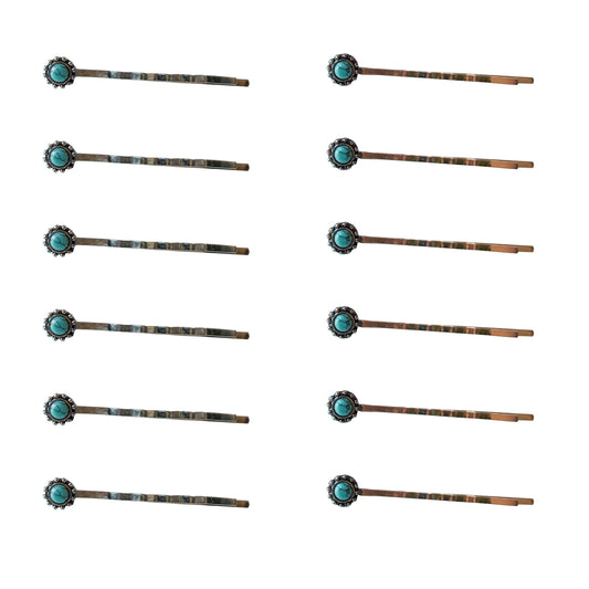 Complete F31-12 twelve-pin silver-tone faux-turquoise bobby pin set shown on white; exactly twelve pins, composited from genuine product photographs