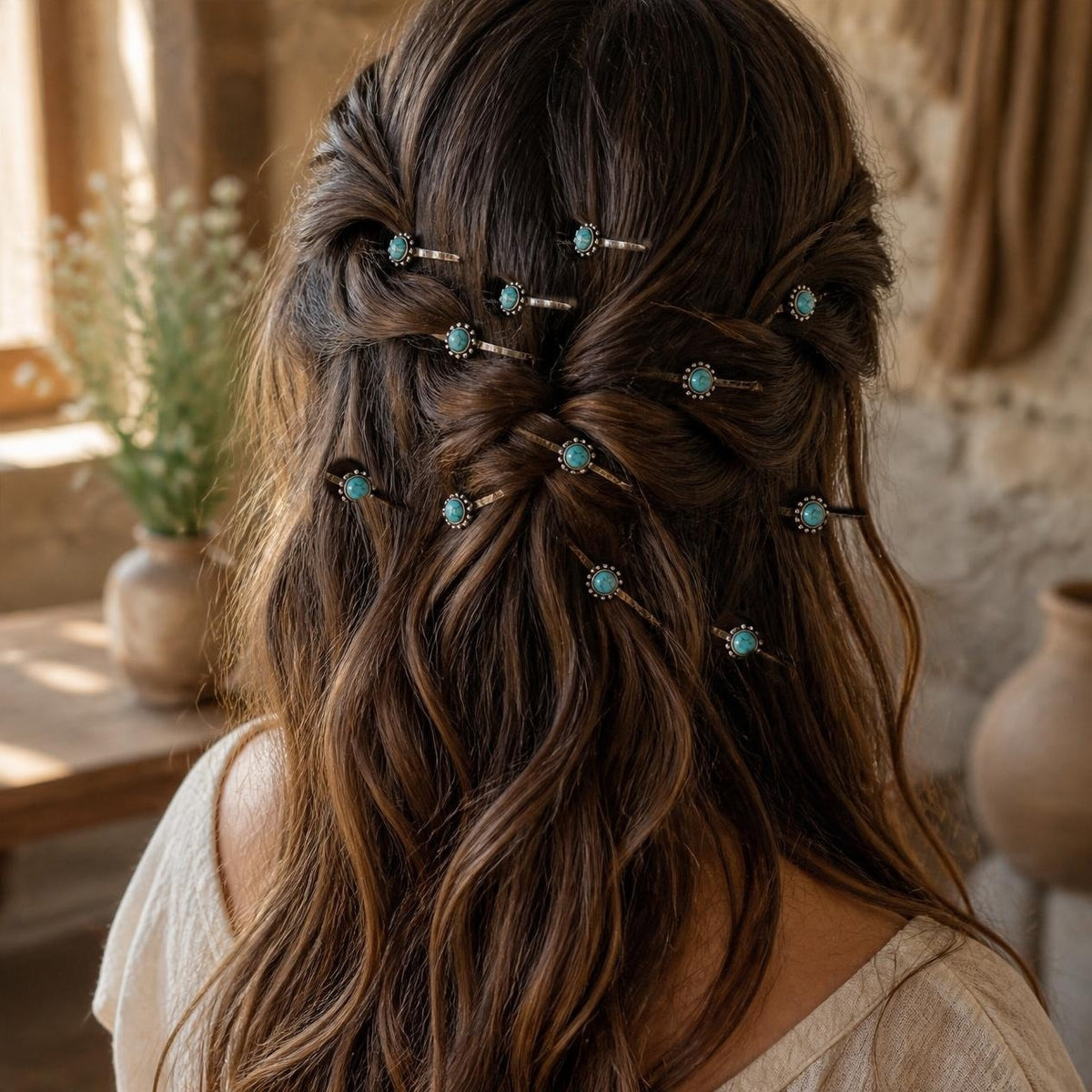 Twelve small round faux-turquoise western hair pins styled in brunette half-up hair; illustrative styling photo-composite