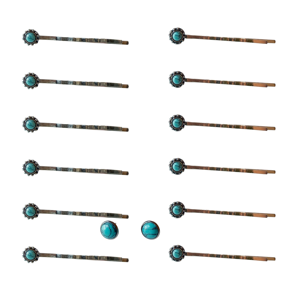 Exact F31-12E contents on white: twelve silver-tone western bobby pins with round faux-turquoise stones and one pair of two 10mm matching silver-tone faux-turquoise Ear58 studs; authentic-source photo composite