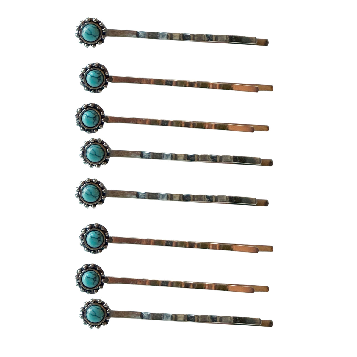 Set of eight silver-tone faux-turquoise western bobby pins shown together on white, composite using real photographed pins for quantity illustration