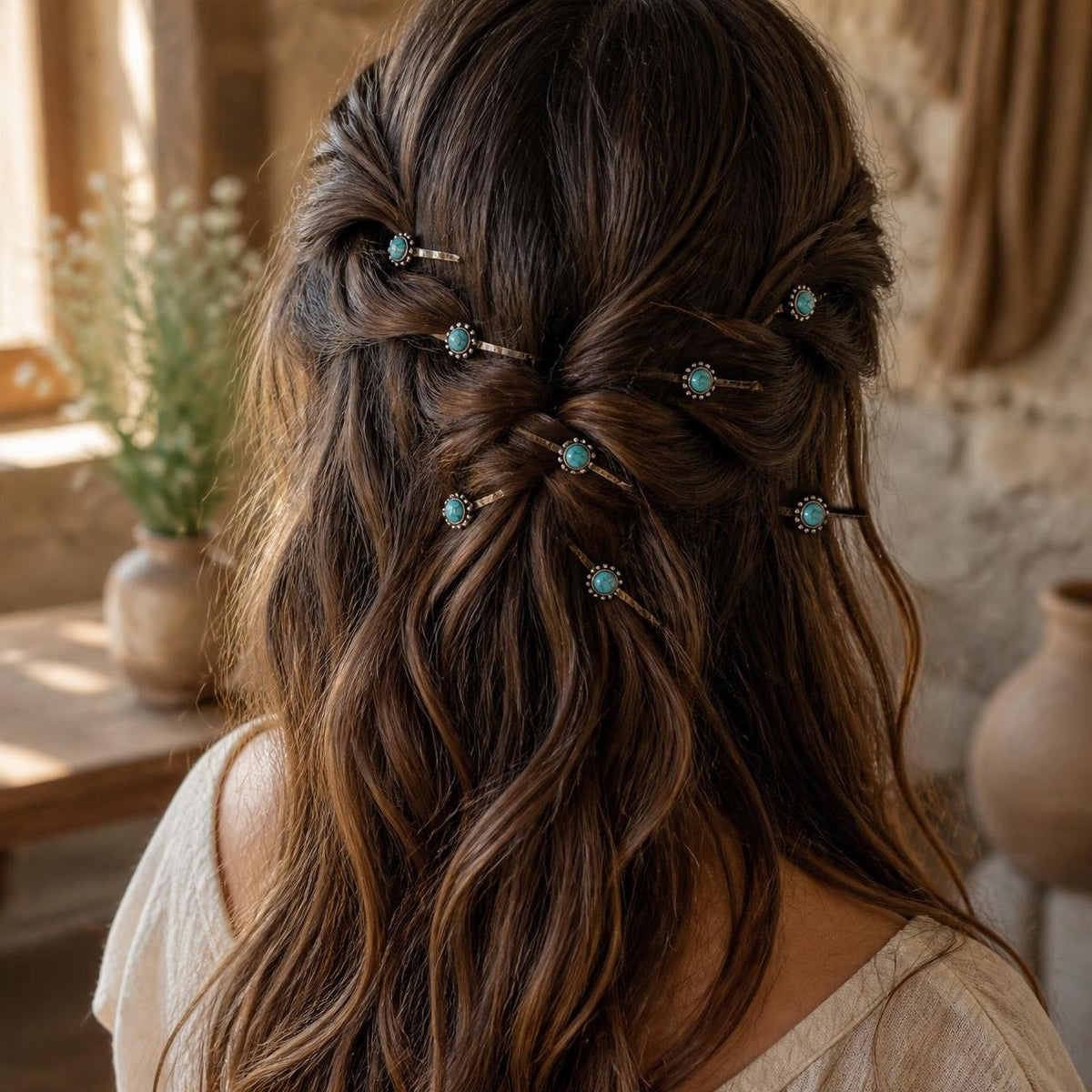 Eight silver-tone faux-turquoise western bobby pins shown in a brunette half-up hairstyle for western boho styling inspiration