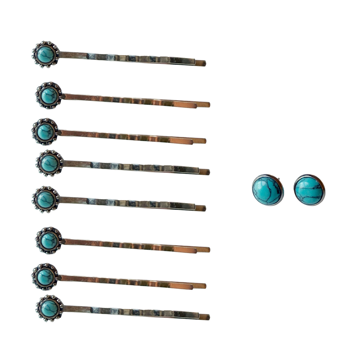F31-8E complete set on white: exactly eight silver-tone faux-turquoise hair pins and one pair of two 10mm matching silver-tone faux-turquoise studs; photo composite made from genuine product shots