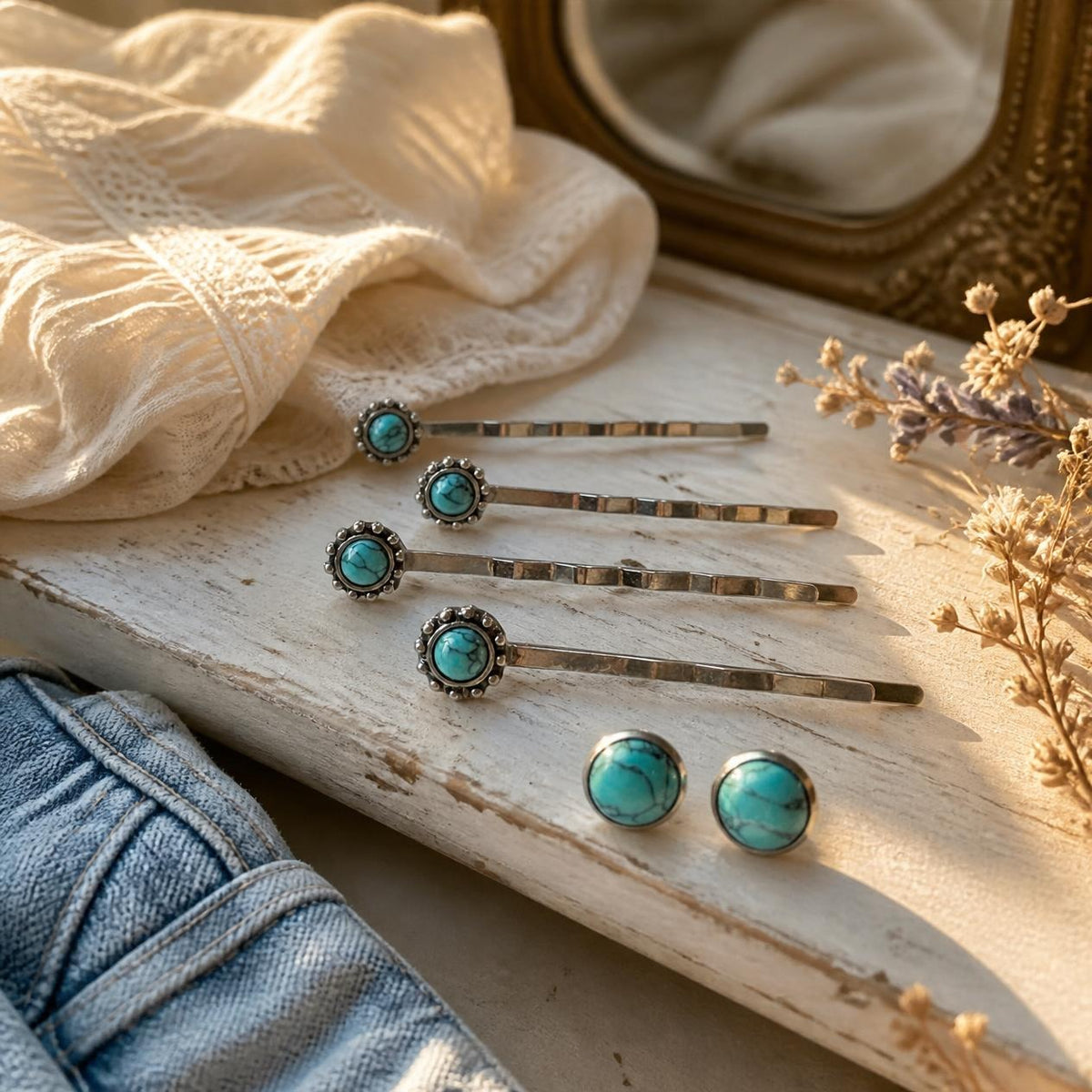 Matching western gift set of four silver-tone turquoise hair pins and two 10 mm turquoise stud earrings on a linen-lined vanity
