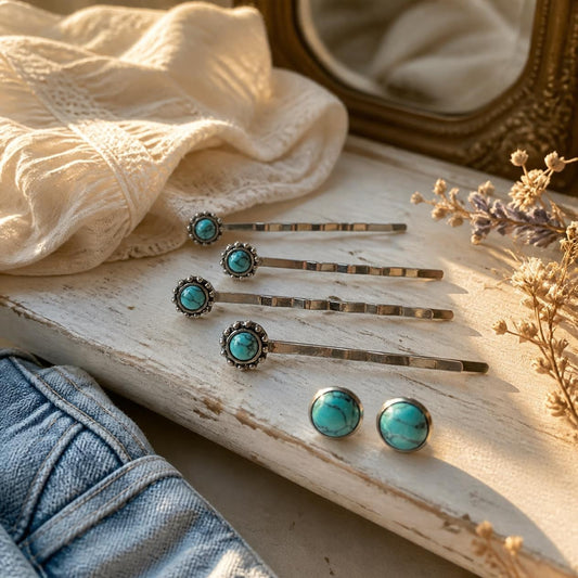 Matching western gift set of four silver-tone turquoise hair pins and two 10 mm turquoise stud earrings on a linen-lined vanity