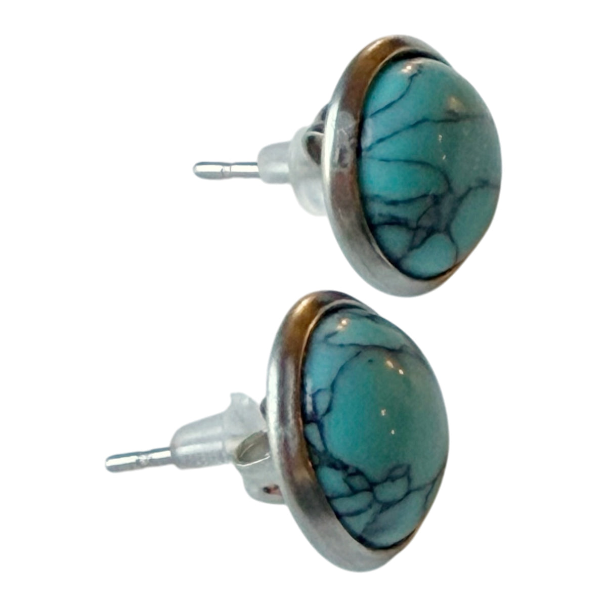 Real side profiles of round 10 mm nominal silver-tone turquoise stud earrings