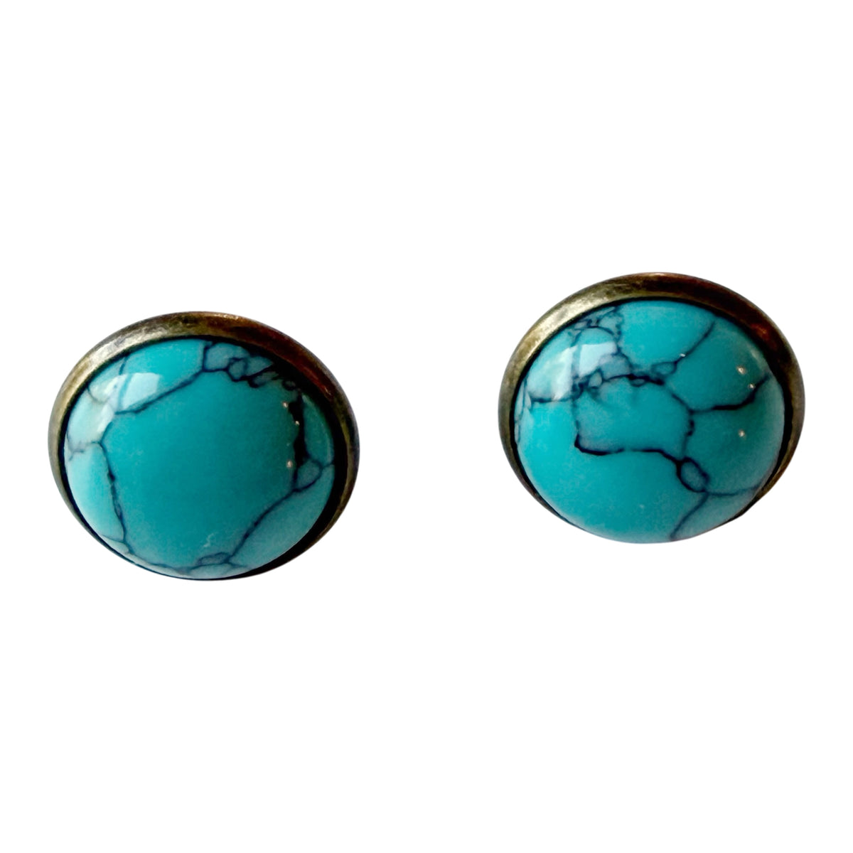 Pair of actual antique brass-tone 12 mm nominal faux-turquoise western stud earrings on white