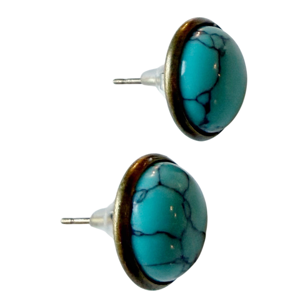 Profile of the antique brass-tone 12 mm nominal faux-turquoise stud earring settings