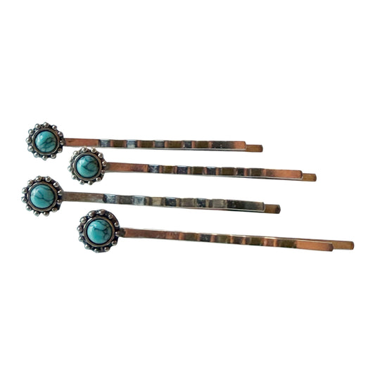 Four genuine silver-tone western hair pins with faux-turquoise cabochons on pure white