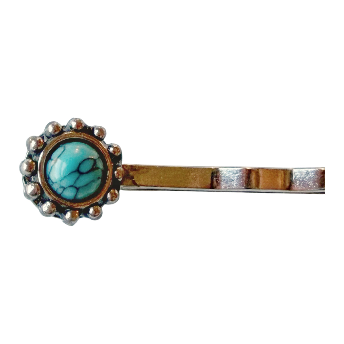 Detail of the tiny round turquoise-look stone with silver-tone beaded rim on one included F31 pin