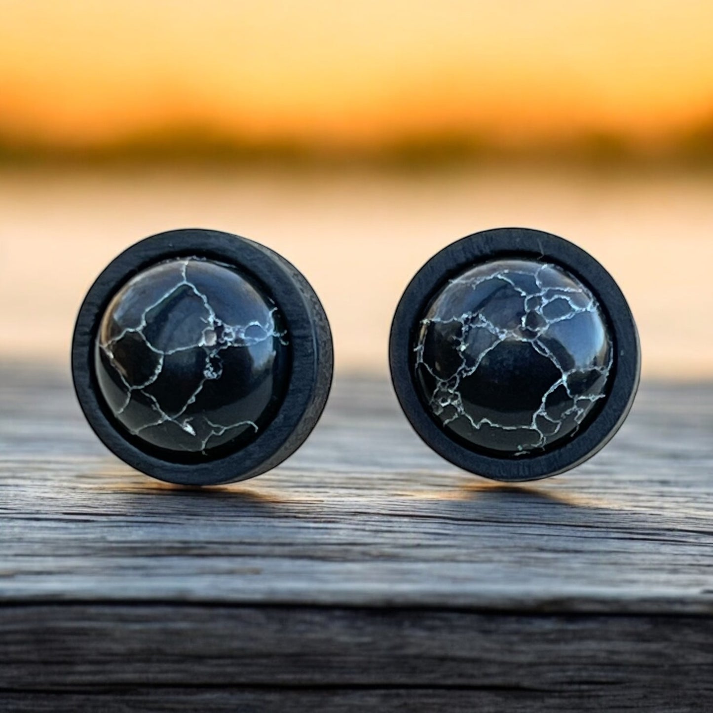 Handmade black stone stud earrings with wood bezel