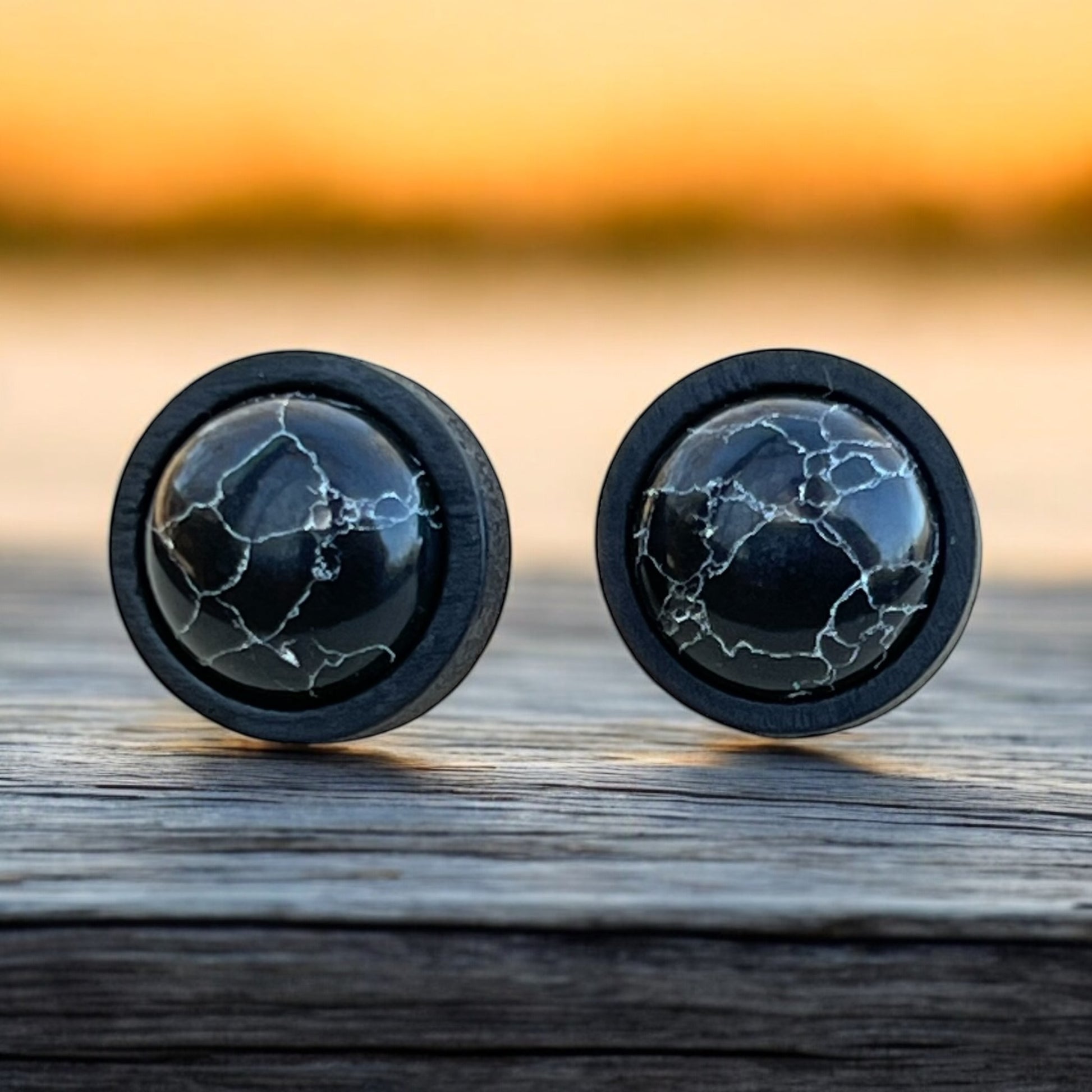 Handmade black stone stud earrings with wood bezel