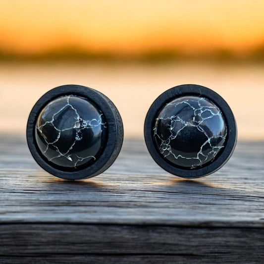 Handmade black stone stud earrings with wood bezel