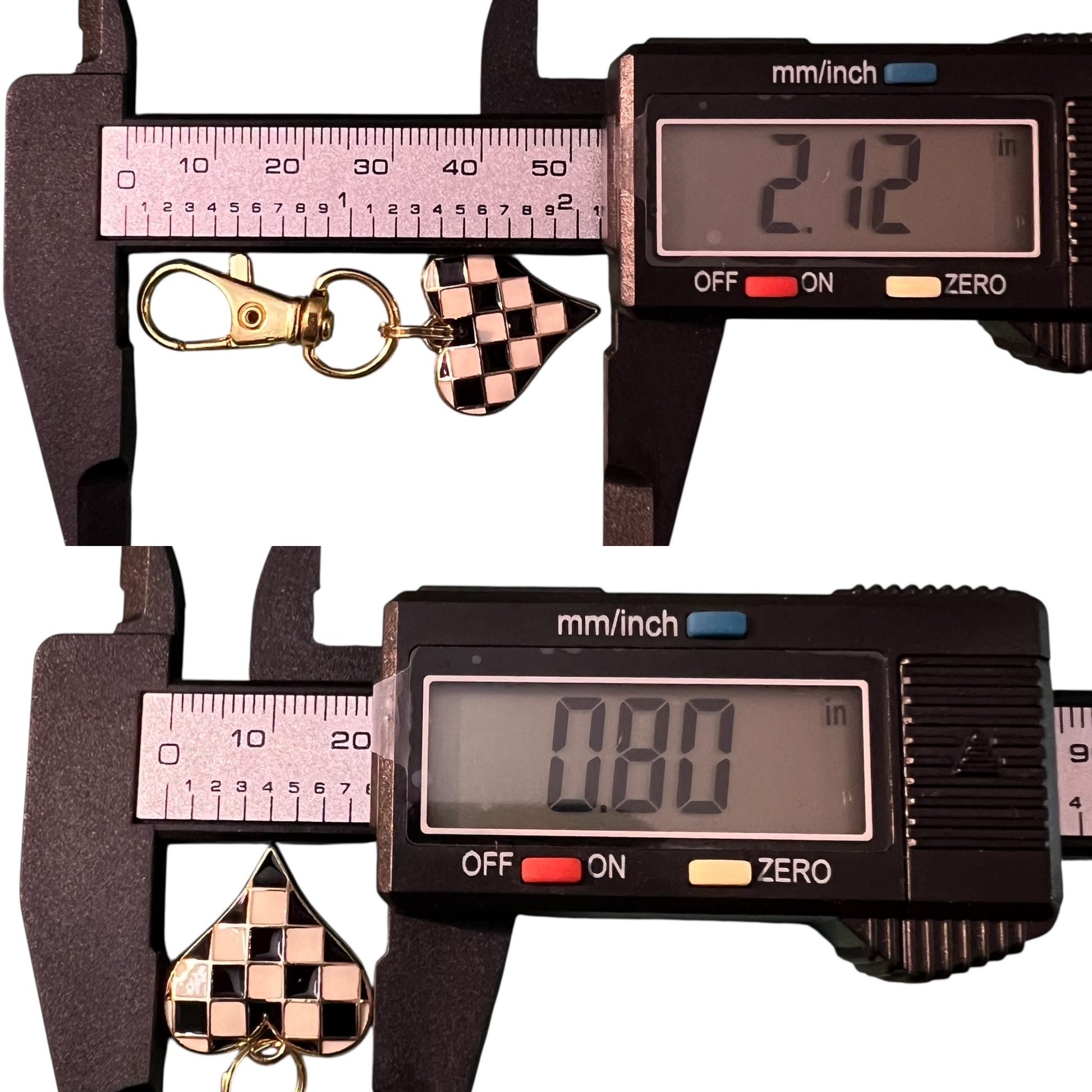 Digital caliper measuring a keychain with checkered design on a white background