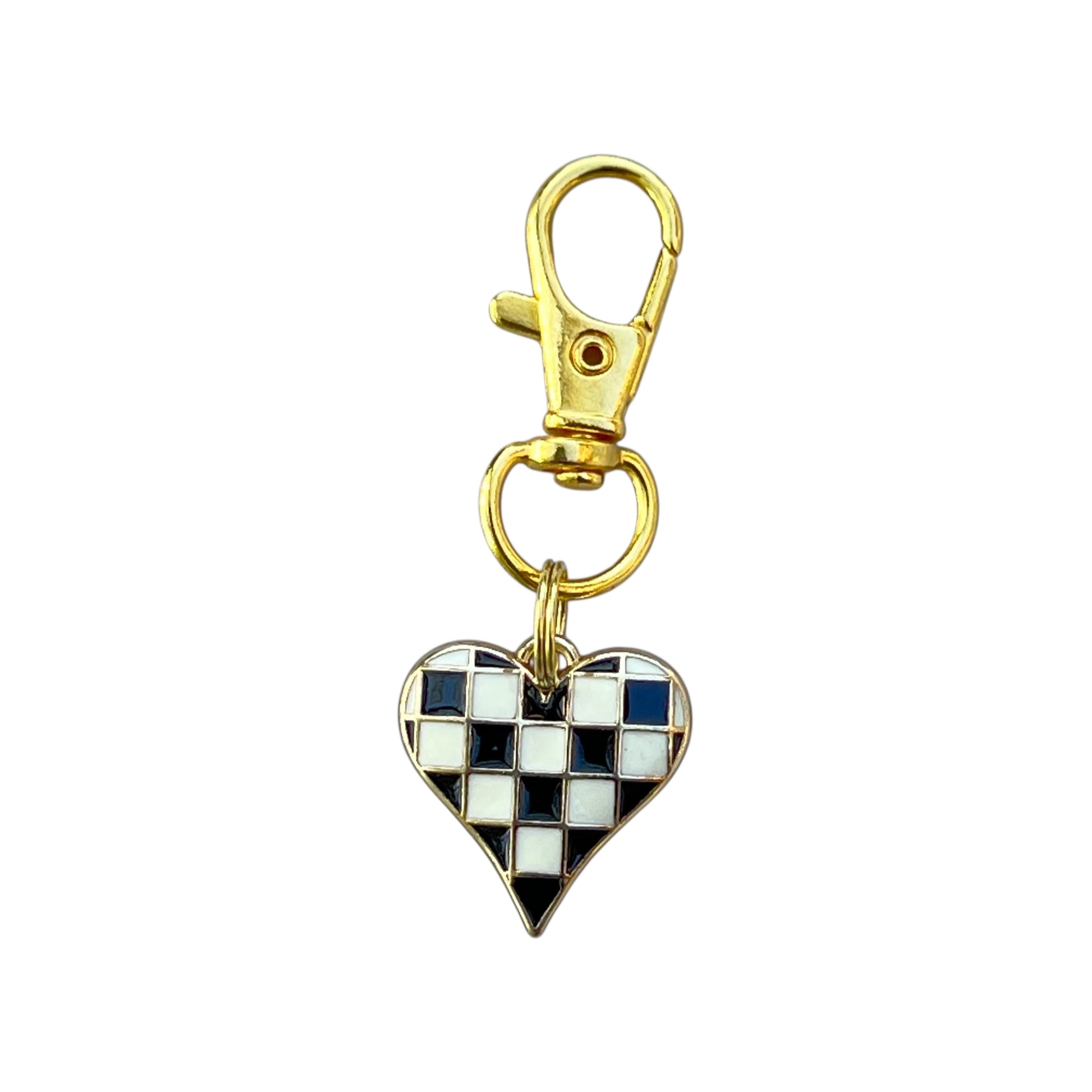 Heart-shaped keychain with checkered pattern and gold clasp on white background