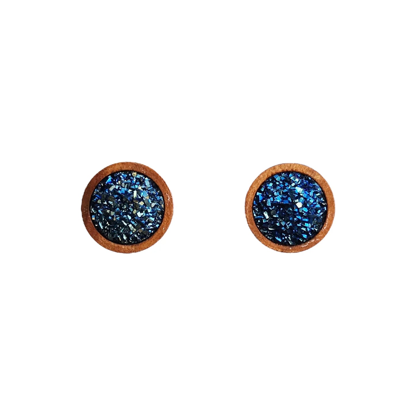 Round blue druzy wood stud earrings displayed on a white background 