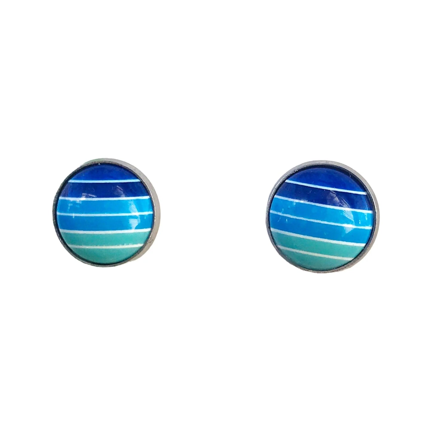 Round blue gradient striped stud earrings in a silver-tone setting displayed on a white background 