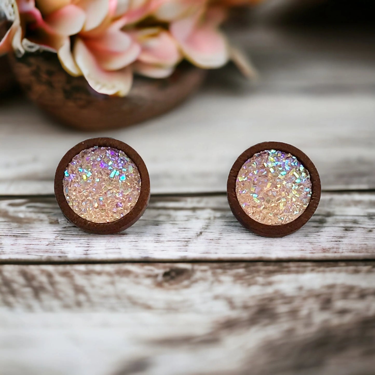 Blush Pink Druzy Earrings - Boho Chic Studs with Natural Wood Accents