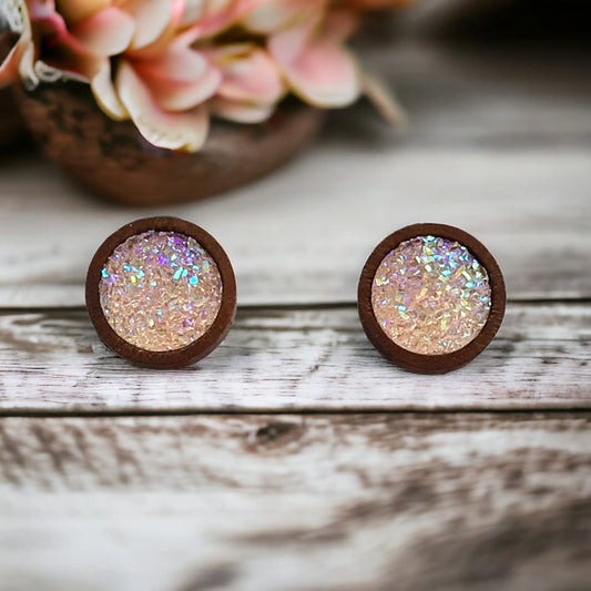 Blush Pink Druzy Earrings - Boho Chic Studs with Natural Wood Accents