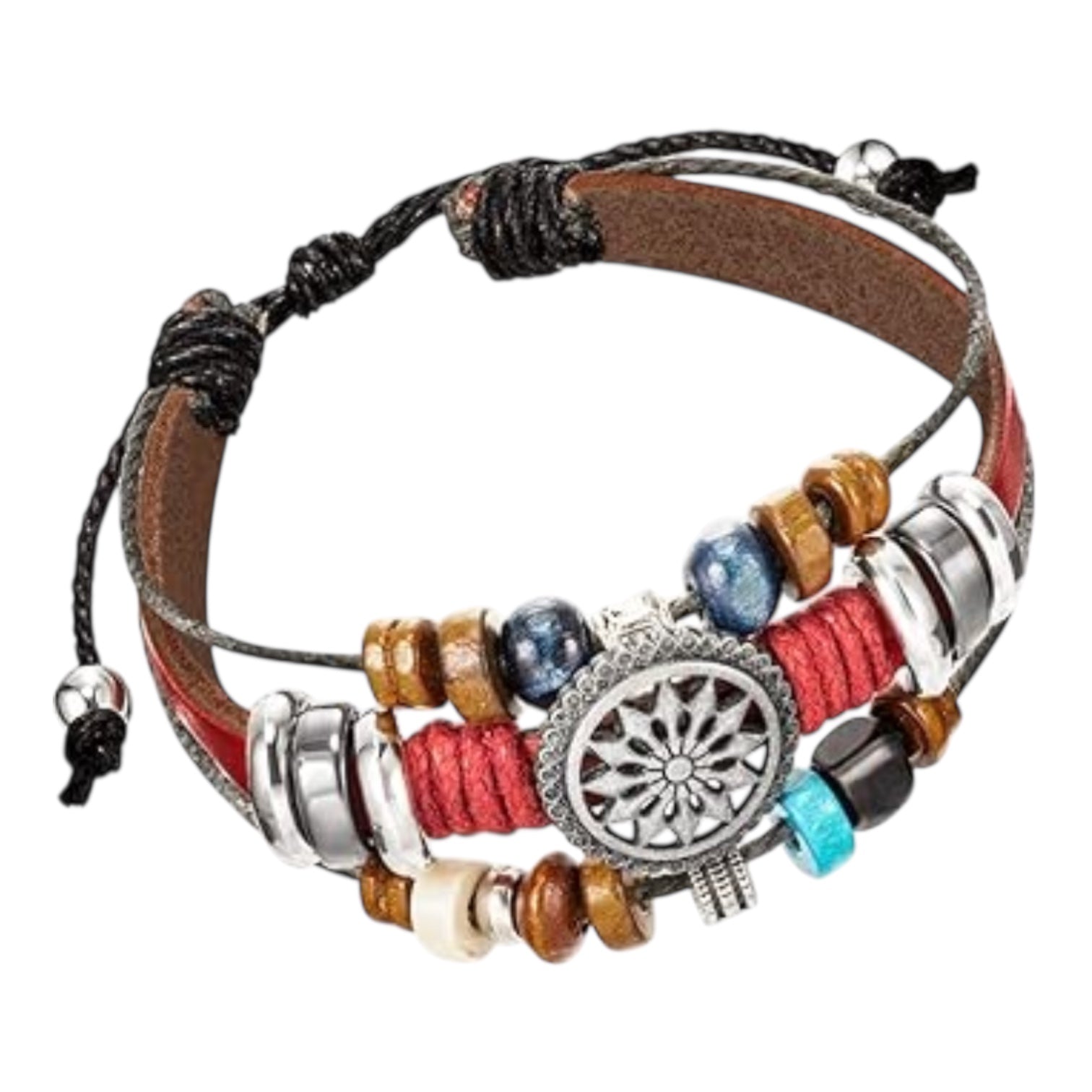 Red boho bracelet styled on display card with natural accent props